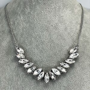 Silver Tone White Glass Marquise Rhinestone Bib Collar Necklace Statement